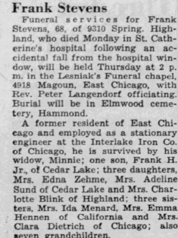 Obituary for Frank Stevens (Aged 68)